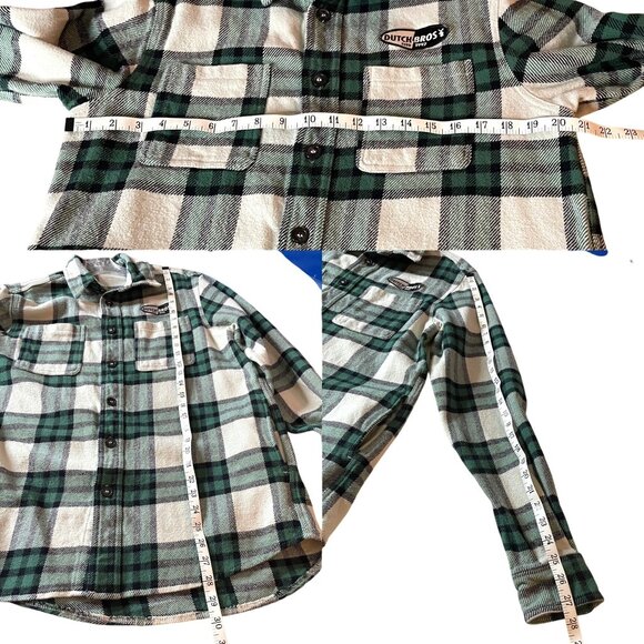 Dutch Bros Plaid Flannel Button-Up Shirt Green/White Size Medium 100% Cotton - Picture 3 of 4